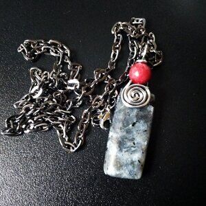 Black, Silver + Grey Norwegian Larvikite Bar Pendant + Gunmetal Black Chain